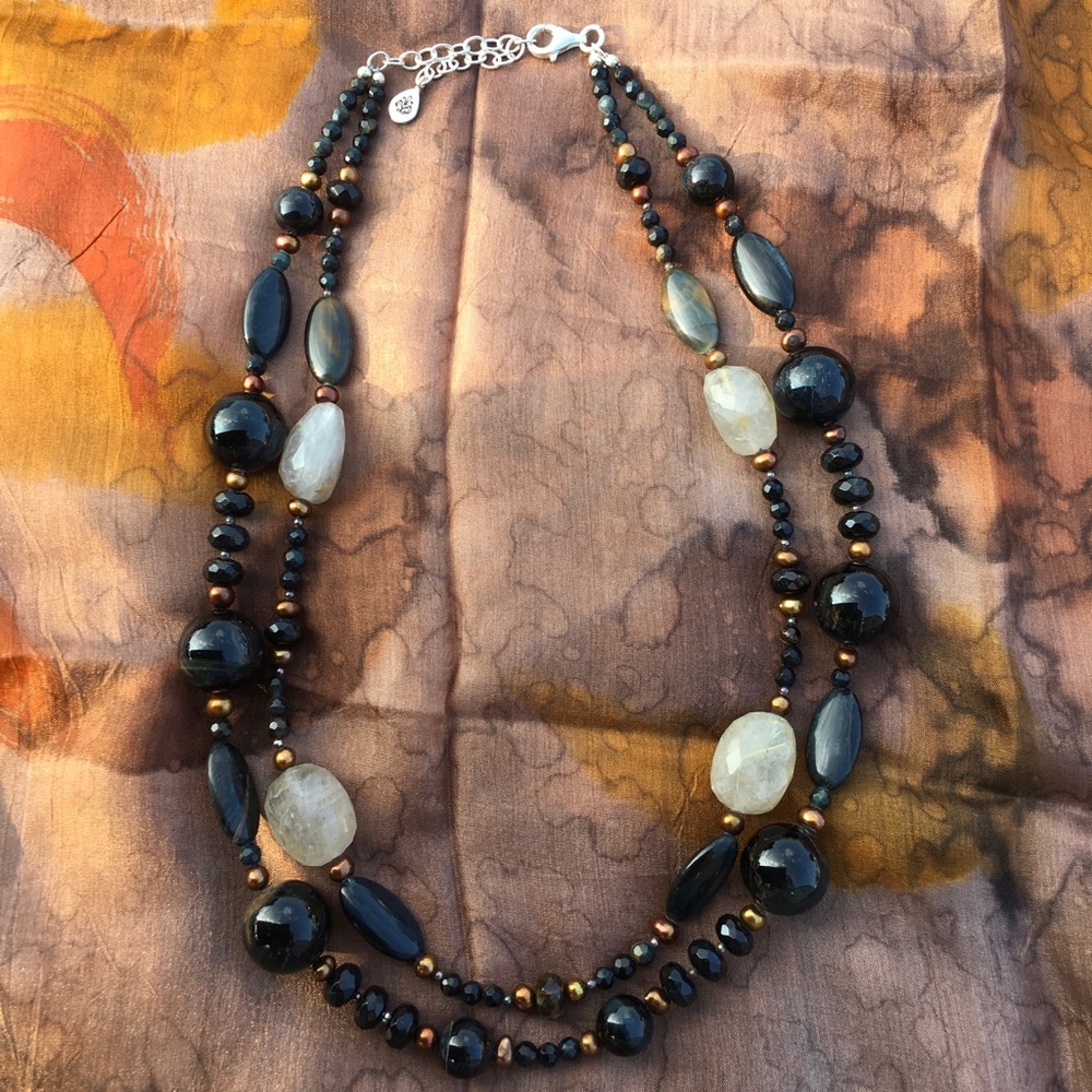 Barse Multi Stone & Pearl Double Strand Necklace